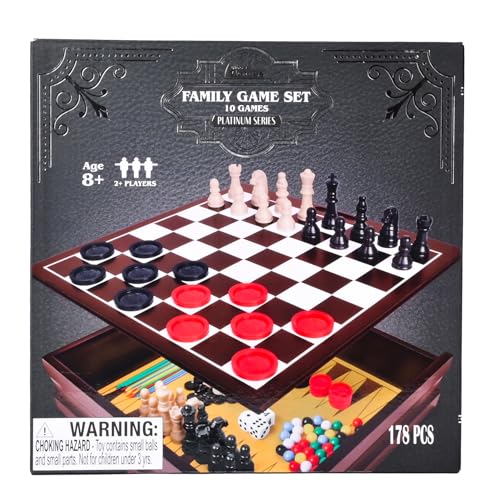 10-in-1 Wooden Family Game Set Storage Box Classic Games