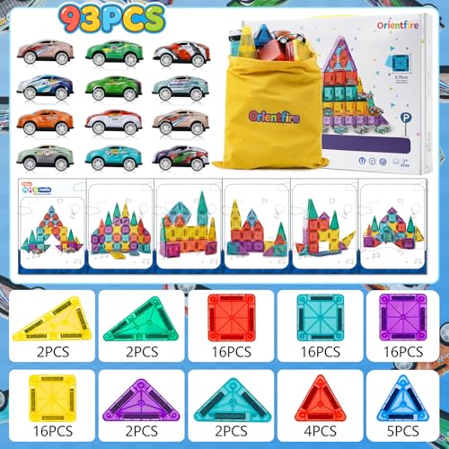 93-Piece Magnetic Tiles Travel STEM Set with Cars