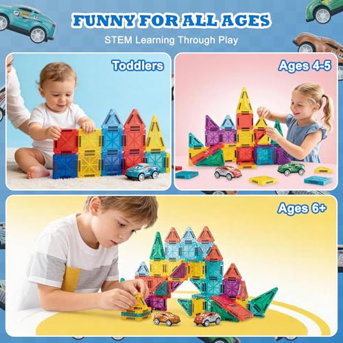 93 PCS Magnetic Tiles Mini Magnetic Building Tiles with Cars, Travel Magnetic Tiles with Storage Bag,STEM Toys for School Acitivities, Ideal Christmas Birthday Gifts for Boys Girls Age 3+ Years Old