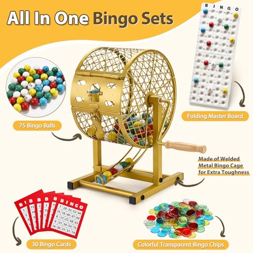 AugFir 12.6" Tall Bingo Game Sets with Steel Cage, Professional Bingo Game for Adults Includes Colorful Chips, 30 Cards and 75 Balls, Great for Fun Family, Large Groups, Parties
