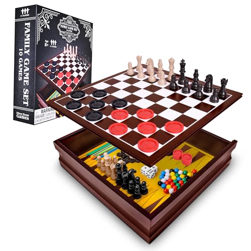 10-in-1 Wooden Family Game Set Storage Box Classic Games