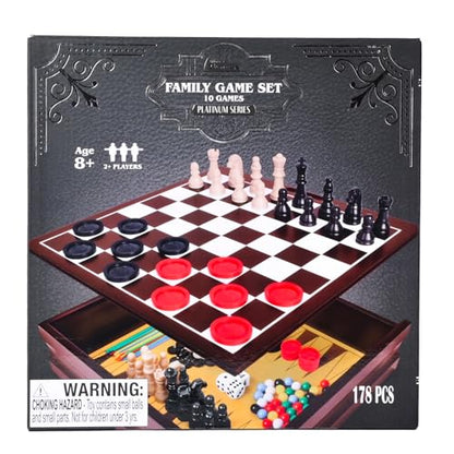 10-in-1 Wooden Family Game Set Storage Box Classic Games