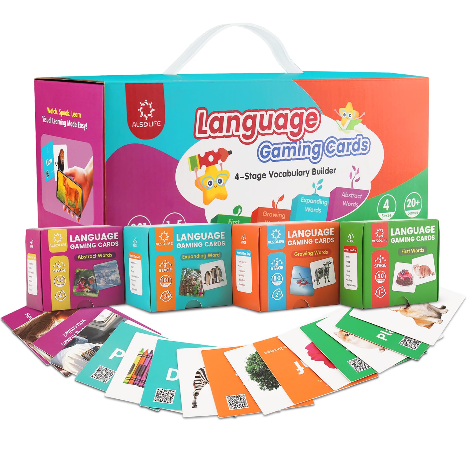 ALSOLIFE Noun Flash Cards for Toddlers, 50 First Words Photo Cards, Thick & Durable Speech Therapy Materials, Animal Cards Have Videos for Fun Learning, Autism Flash Cards Non Verbal Teaching Tool