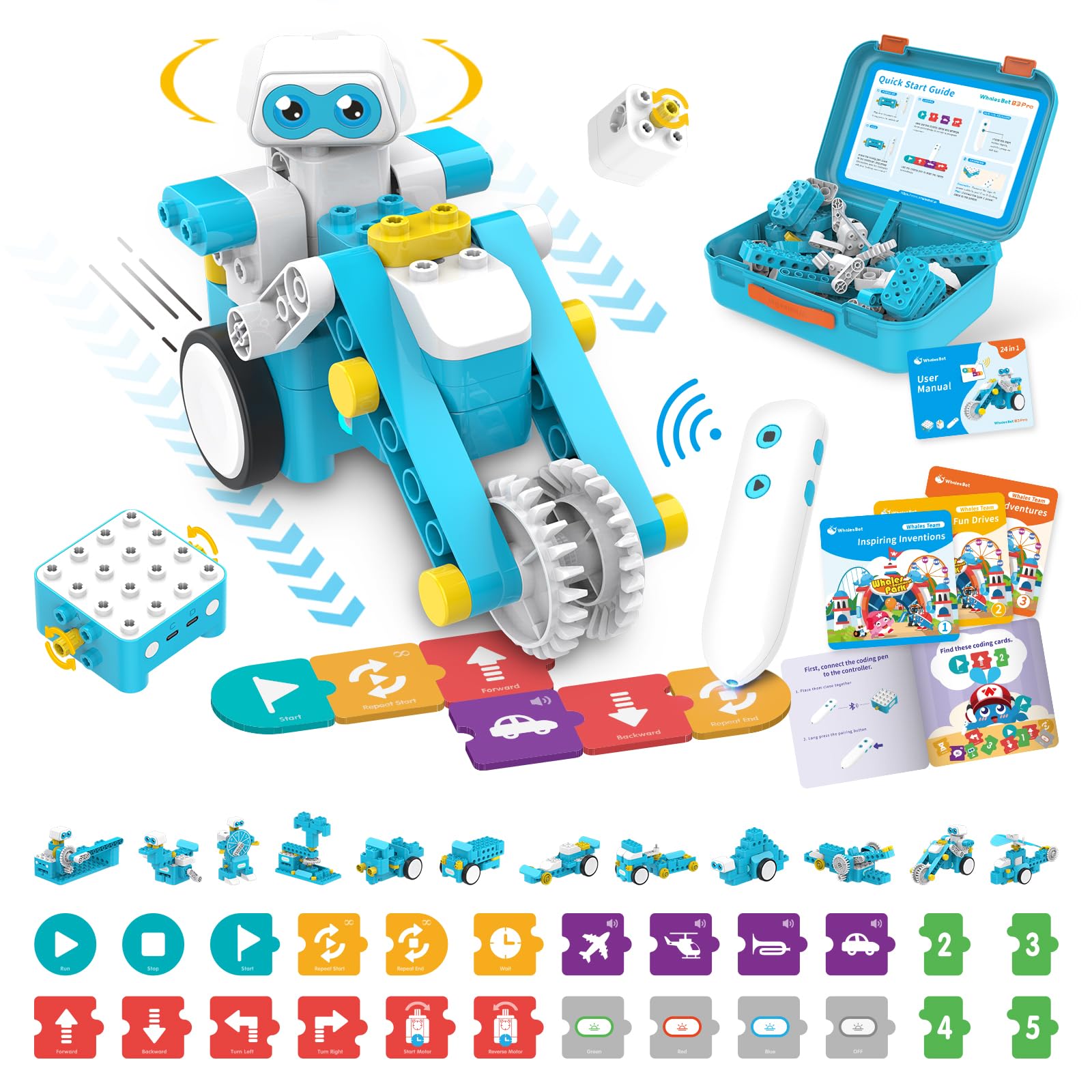 WhalesBot B3 Pro 24-in-1 STEM Card & Pen Coding Robot Kit for Kids, 99-Piece Educational Building Set with Interactive Storytelling, Ideal Toy Gift for Boys & Girls Ages 4-6