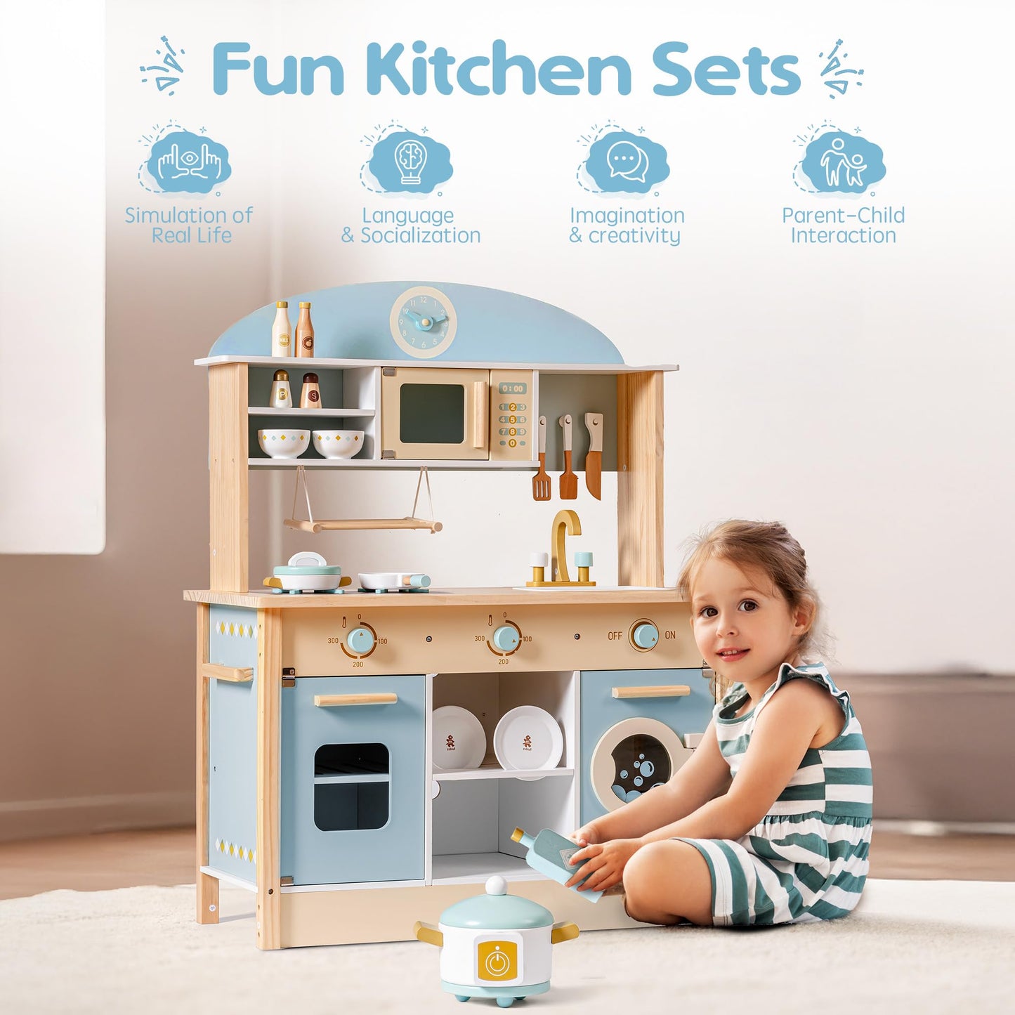 Wooden Kids Play Kitchen Pretend Toy Set