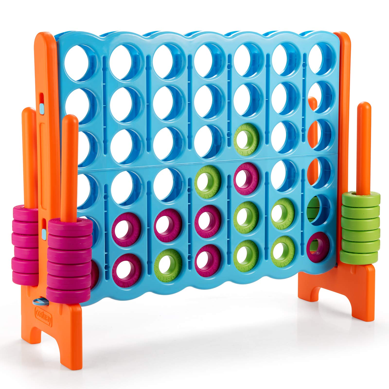 COSTWAY Giant 4 to Score Game Set, Jumbo Connect 4 Game Set with 42 Chess Pieces, Quick-release Levers & Mesh Pocket, Oversized 4-in-a-Row Backyard Game for Kids & Adults, Ideal for Indoors & Outdoors