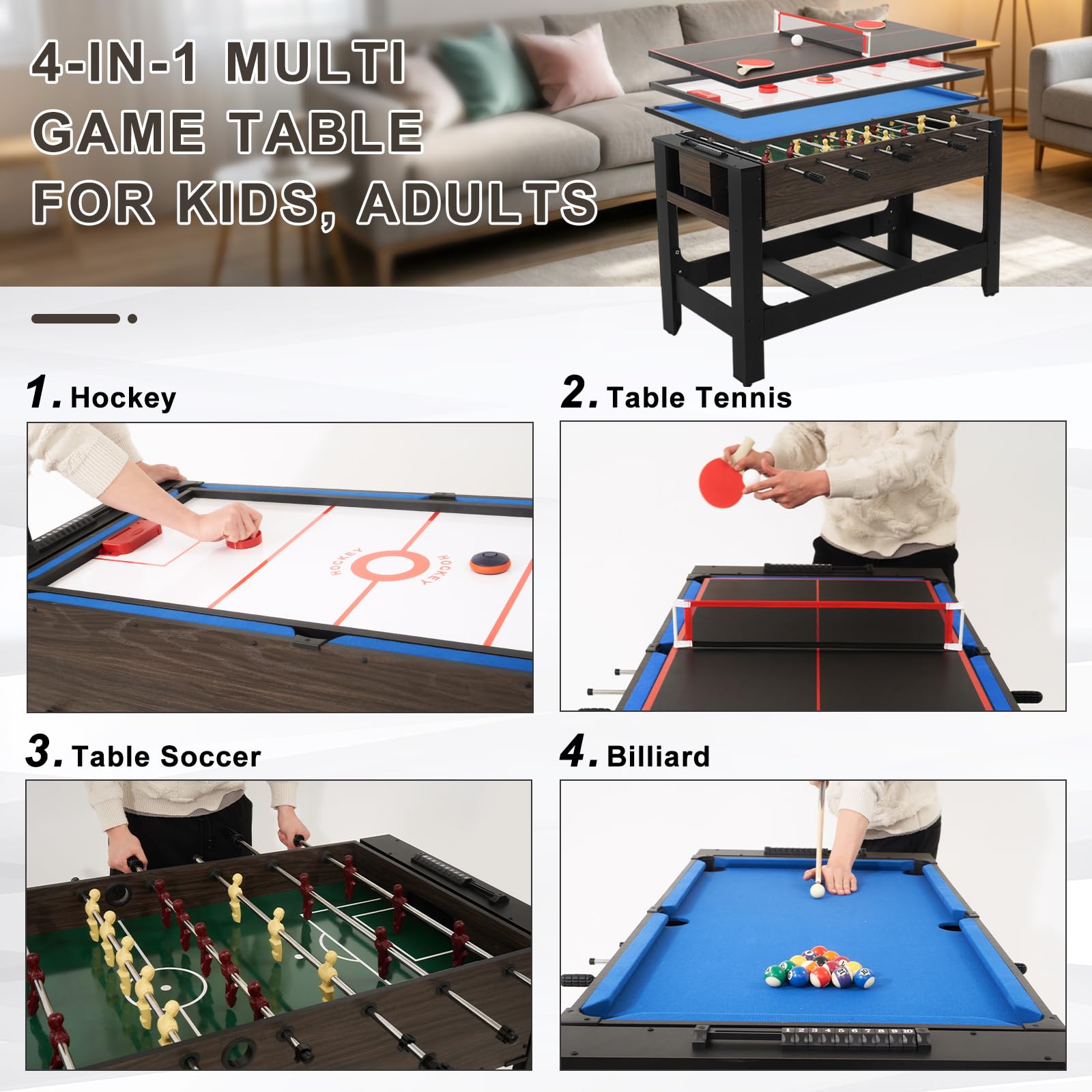 RAYKEEP 54" 4-in-1 Swivel Multi-Game Table -Combo Game Table Set for Kids, Adults - Indoor and Outdoor Arcade Sports Table - Air Hockey, Billiards, Foosball, Ping Pong for Home, Game Room