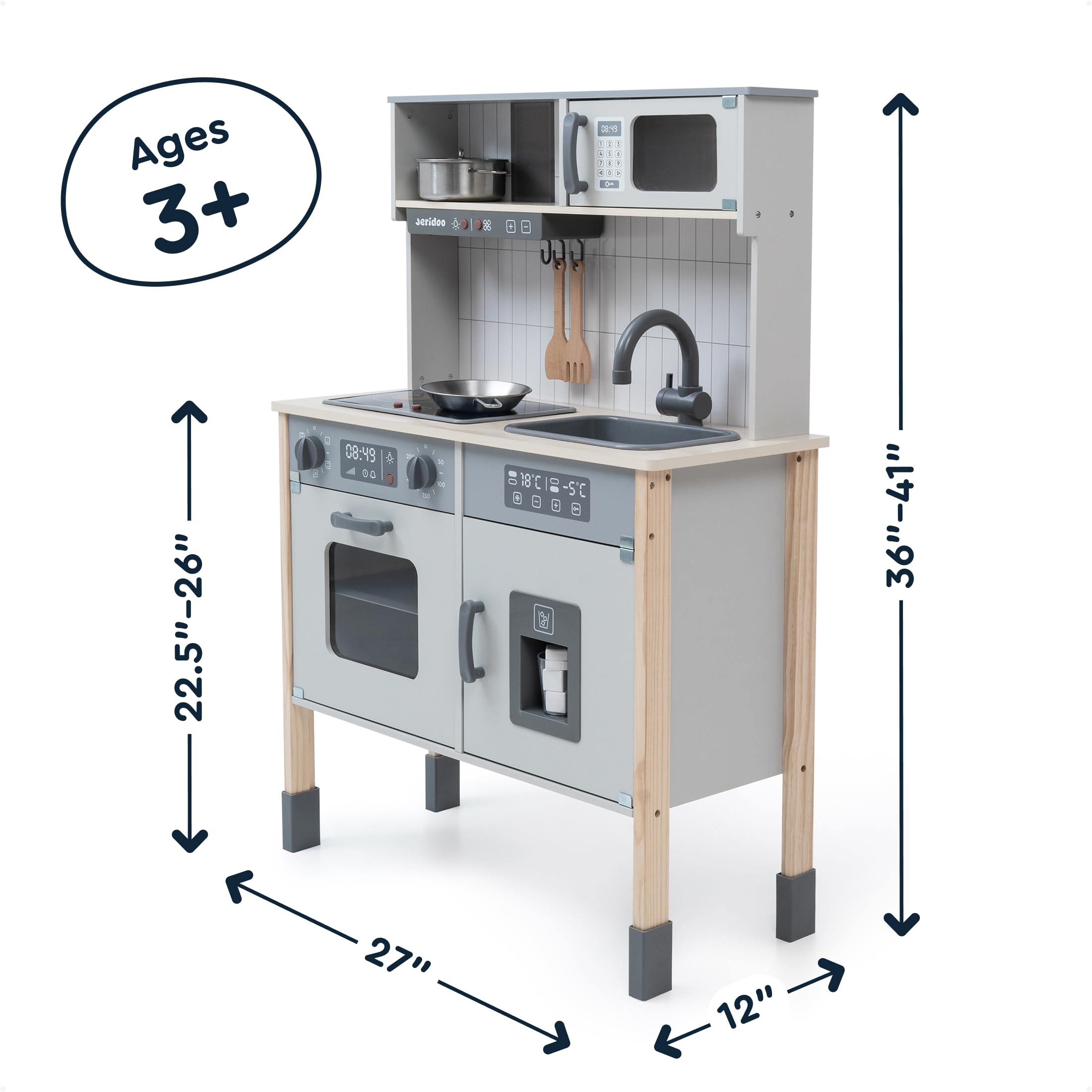 JERIDOO Kids Wooden Play Kitchen, Realistic Toy Kitchen Playset with Light-Up Oven, Microwave, Sink, Ice Maker and Kitchen Accessories, Role Play for Toddlers Age 3+