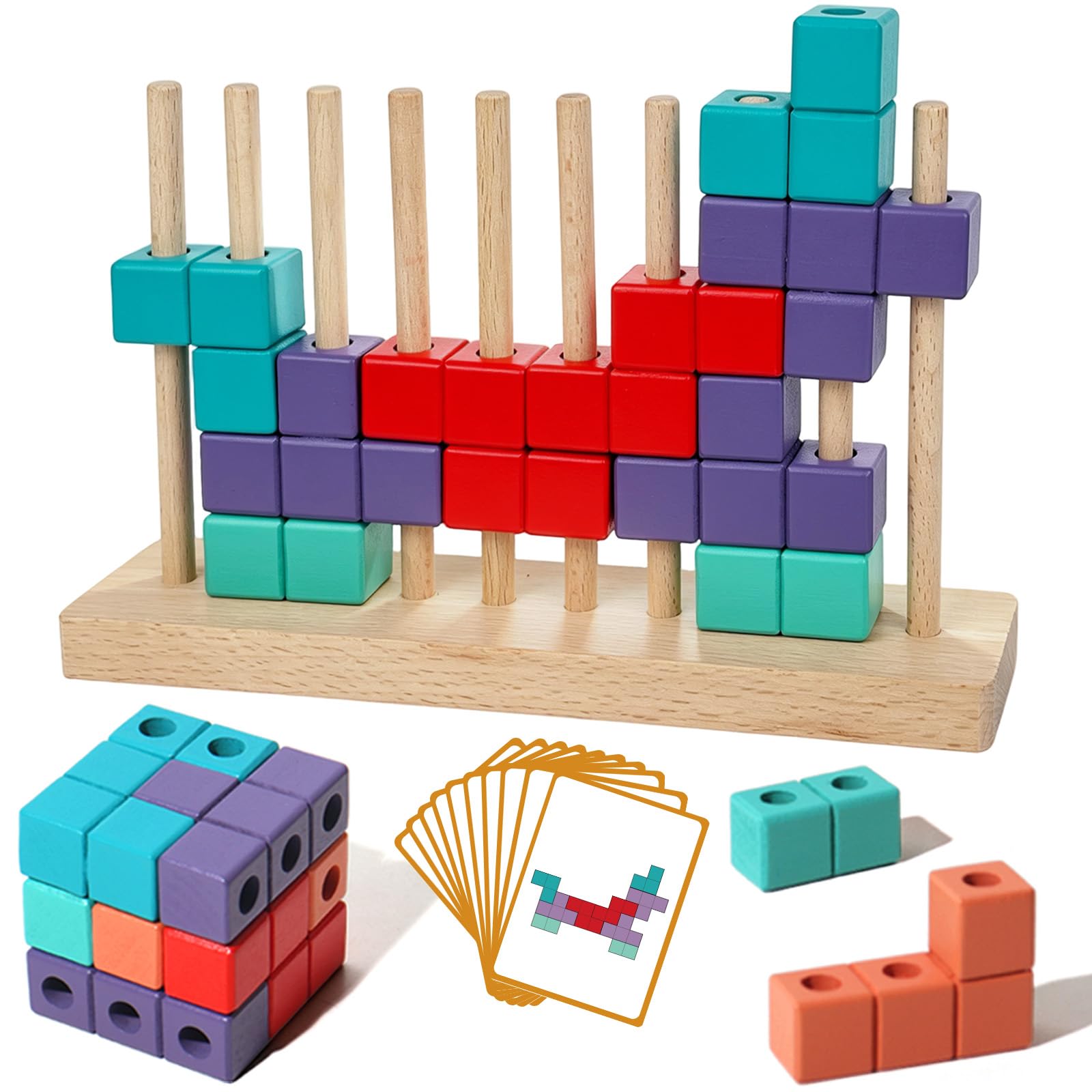 Wooden Block Puzzle Montessori Toys, Colorful Stacking Game Brain Teaser Puzzles for Toddlers and Kids with Cards, Educational Wooden Toy Gifts for 3 4 5 6 7 8 Year Old Boys and Girls