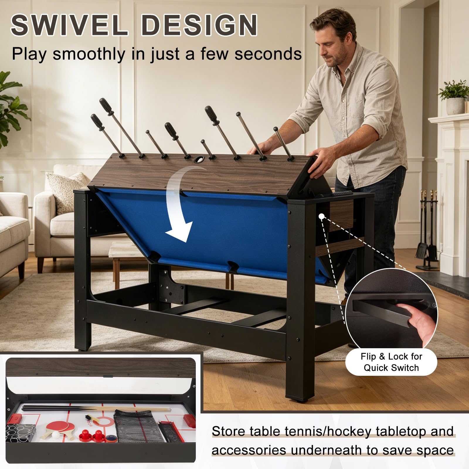 RAYKEEP 54" 4-in-1 Swivel Multi-Game Table -Combo Game Table Set for Kids, Adults - Indoor and Outdoor Arcade Sports Table - Air Hockey, Billiards, Foosball, Ping Pong for Home, Game Room