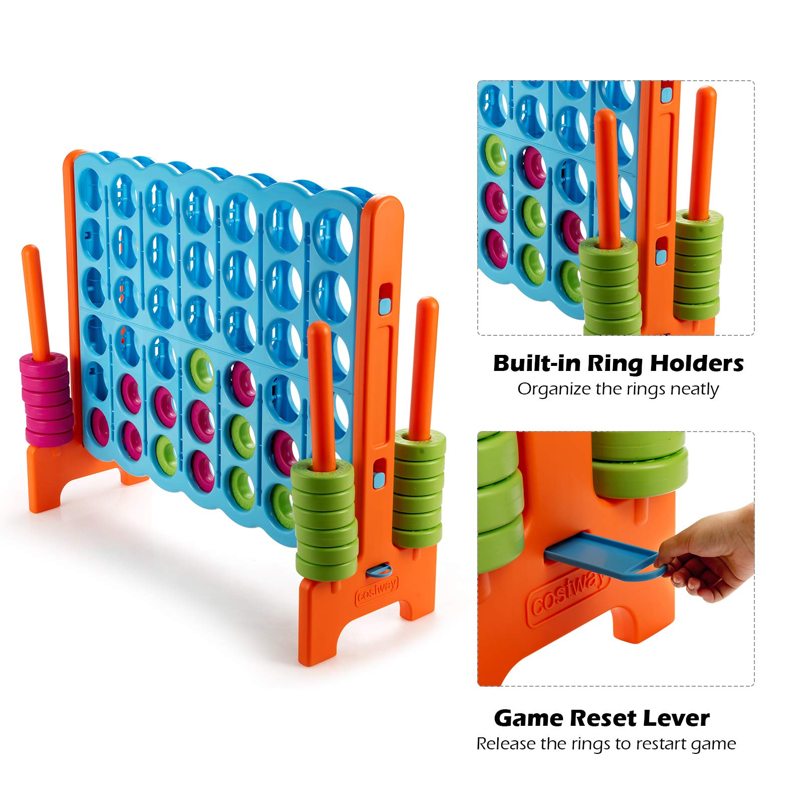 COSTWAY Giant 4 to Score Game Set, Jumbo Connect 4 Game Set with 42 Chess Pieces, Quick-release Levers & Mesh Pocket, Oversized 4-in-a-Row Backyard Game for Kids & Adults, Ideal for Indoors & Outdoors