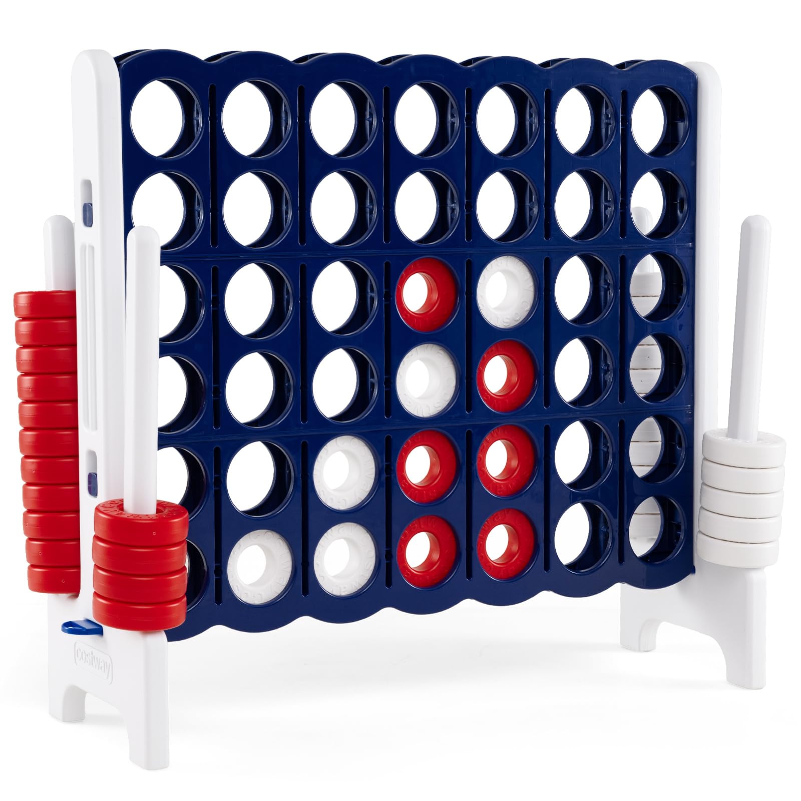 COSTWAY Giant 4 to Score Game Set, Jumbo Connect 4 Game Set with 42 Chess Pieces, Quick-release Levers & Mesh Pocket, Oversized 4-in-a-Row Backyard Game for Kids & Adults, Ideal for Indoors & Outdoors
