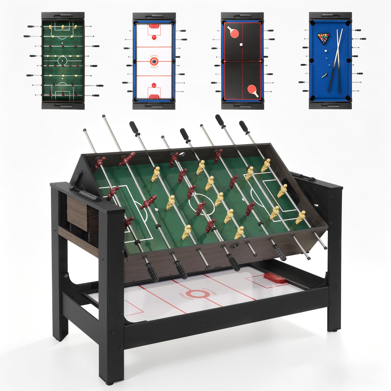 RAYKEEP 54" 4-in-1 Swivel Multi-Game Table -Combo Game Table Set for Kids, Adults - Indoor and Outdoor Arcade Sports Table - Air Hockey, Billiards, Foosball, Ping Pong for Home, Game Room