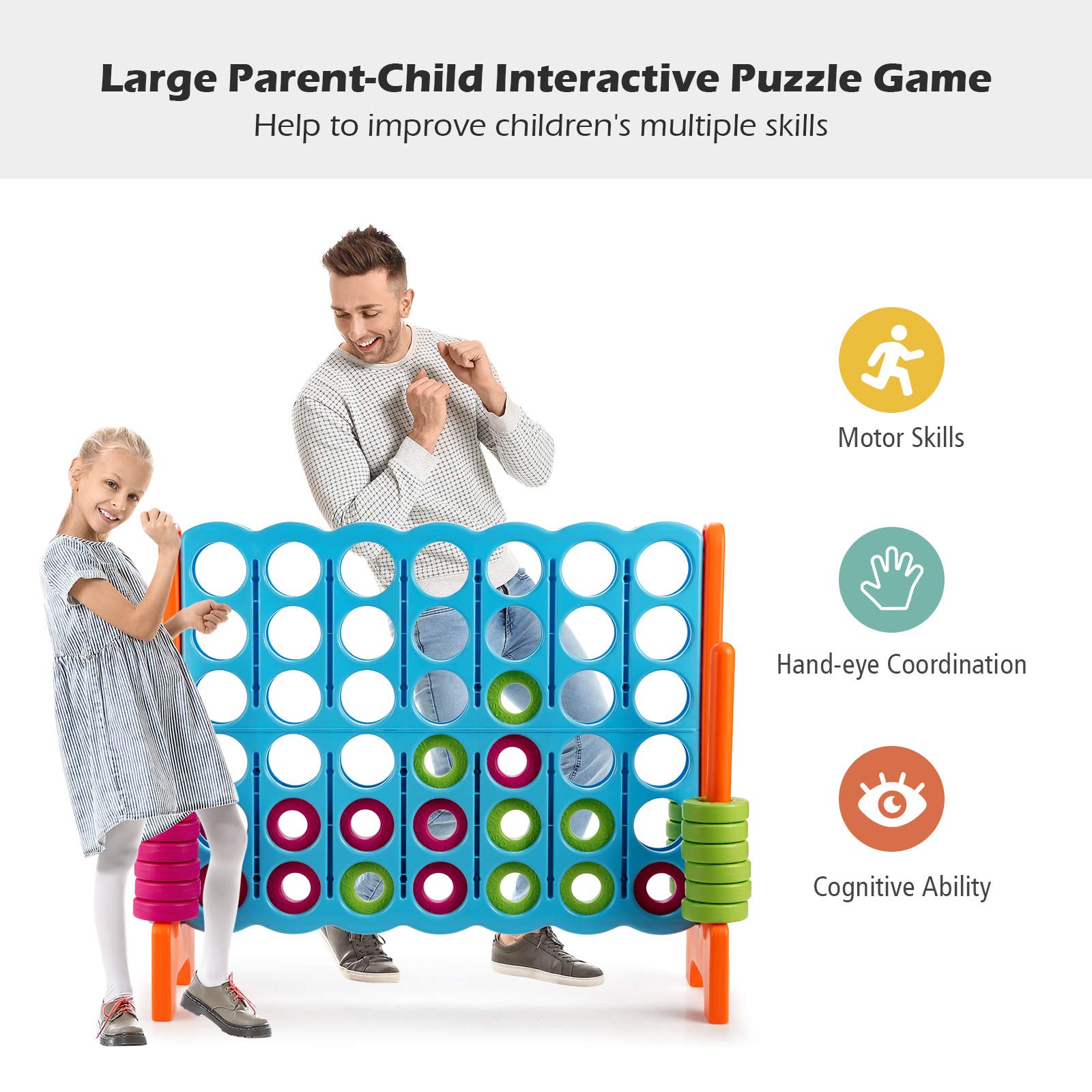 COSTWAY Giant 4 to Score Game Set, Jumbo Connect 4 Game Set with 42 Chess Pieces, Quick-release Levers & Mesh Pocket, Oversized 4-in-a-Row Backyard Game for Kids & Adults, Ideal for Indoors & Outdoors