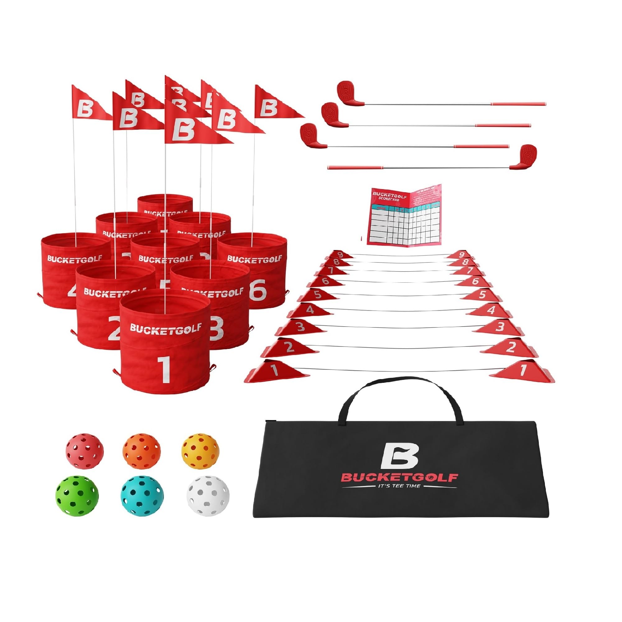 bucketgolf 9 Hole Bundle with Clubs - Outdoor Golf Game for All Ages: Adults, Kids, Family. Play Anywhere: Yards, Beach, Park, Backyard