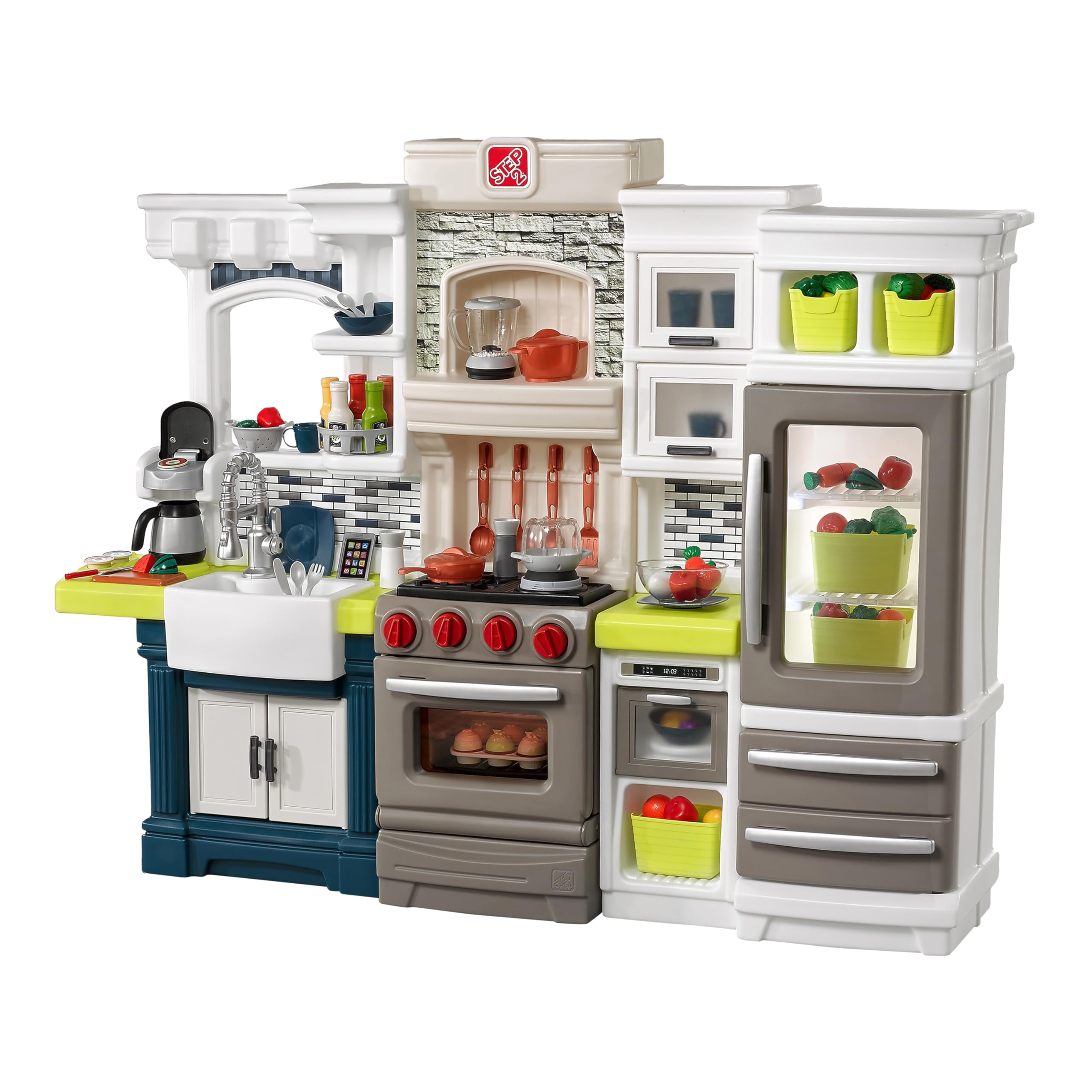Step2 Elegant Edge Kitchen Set for Kids – Includes 70+ Toy Kitchen Accessories, Interactive Features for Realistic Pretend Play – Upscale Indoor/Outdoor Toddler Playset – Dimensions 50" x 65.75" x 14"
