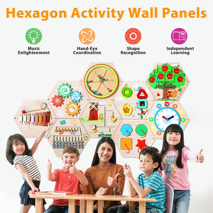 Hexagon Wooden Busy Board Wall Panels Kids Learning Set