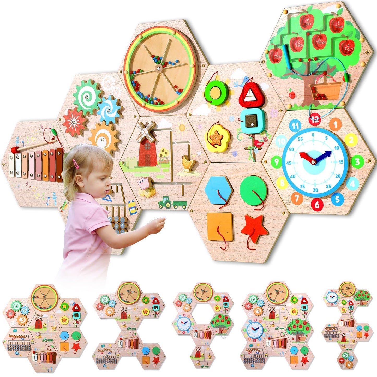 Hexagon Wooden Busy Board Wall Panels Kids Learning Set