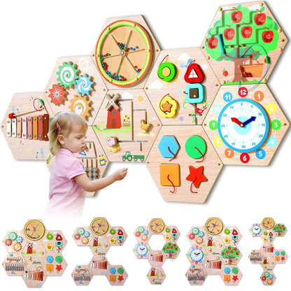 Hexagon Wooden Busy Board Wall Panels Kids Learning Set
