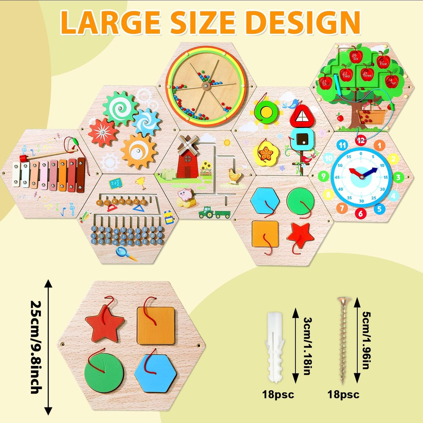 Hexagon Wooden Busy Board Wall Panels Kids Learning Set