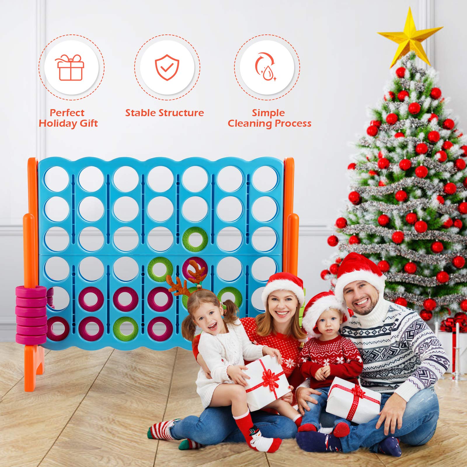 COSTWAY Giant 4 to Score Game Set, Jumbo Connect 4 Game Set with 42 Chess Pieces, Quick-release Levers & Mesh Pocket, Oversized 4-in-a-Row Backyard Game for Kids & Adults, Ideal for Indoors & Outdoors