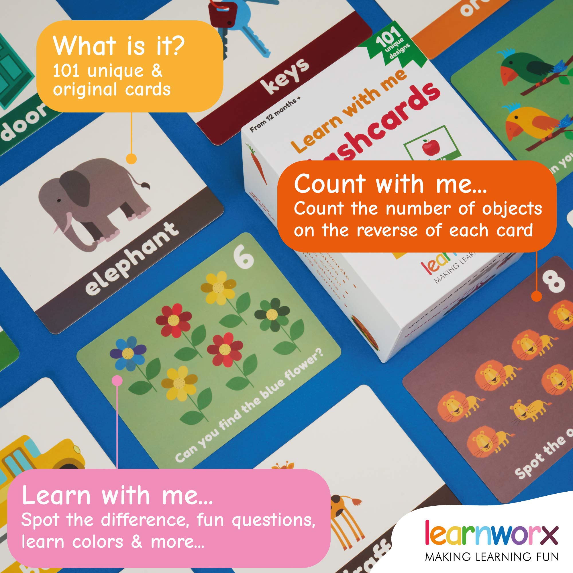 LearnWorx 10 Flash Cards - 202 Sides - Learn Objects, Numbers & Play Games - Toddler Learning Educational Toys