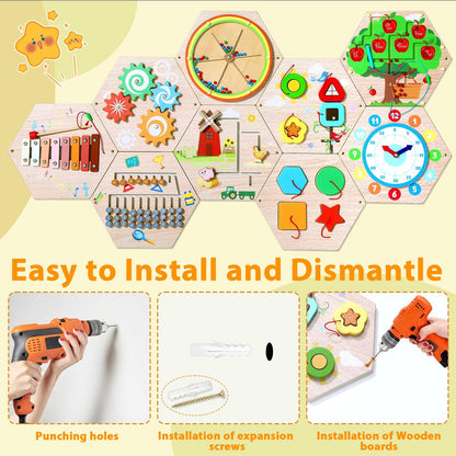 Hexagon Wooden Busy Board Wall Panels Kids Learning Set