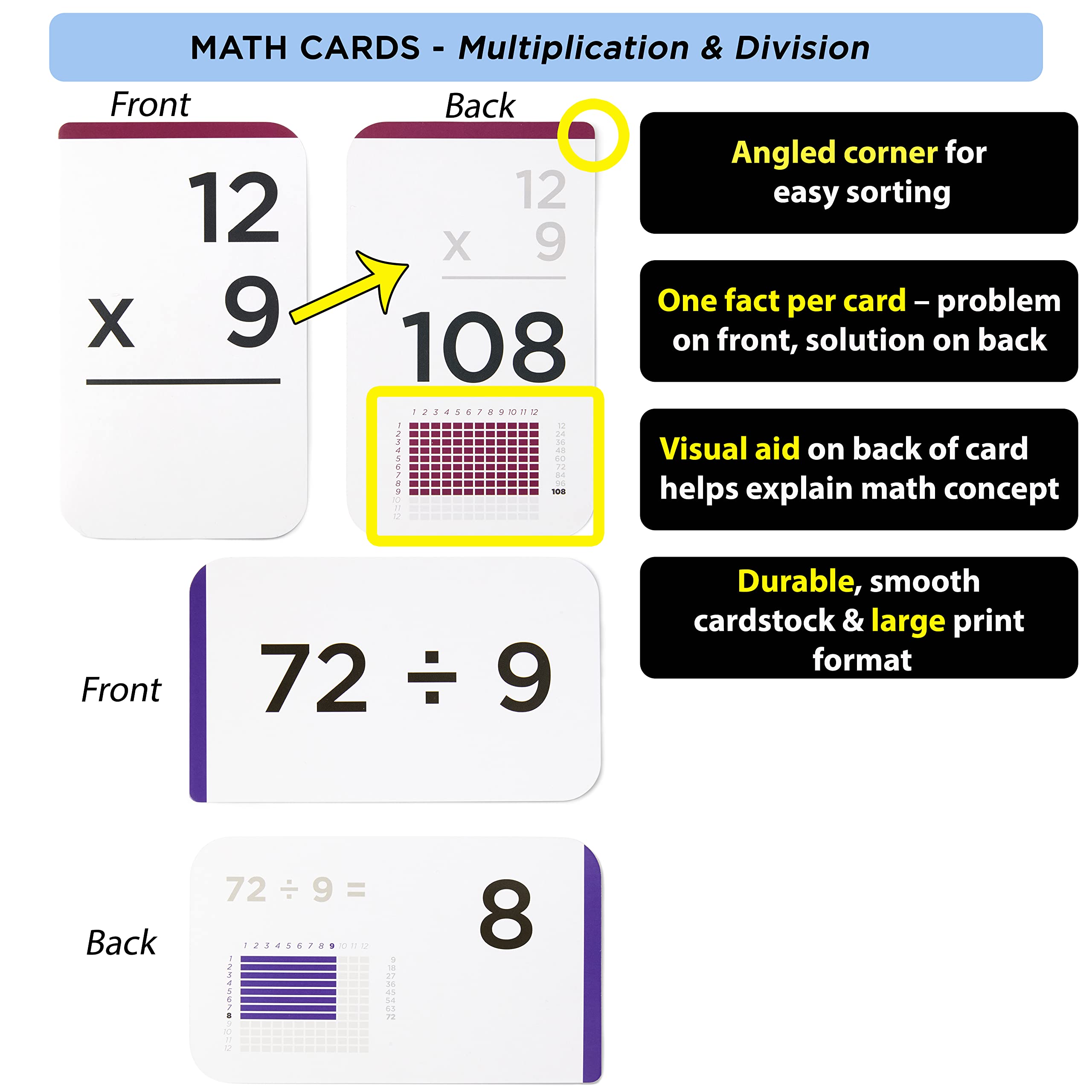Award-Winning Multiplication Flash Cards – 173 Jumbo Cards (3.1” x 5.2”), All Facts 0–12 – 1 Fact & Visual Aid Per Card – Mastery Divider Tabs, Charts, Games & Teaching Methods – Grades 2–6