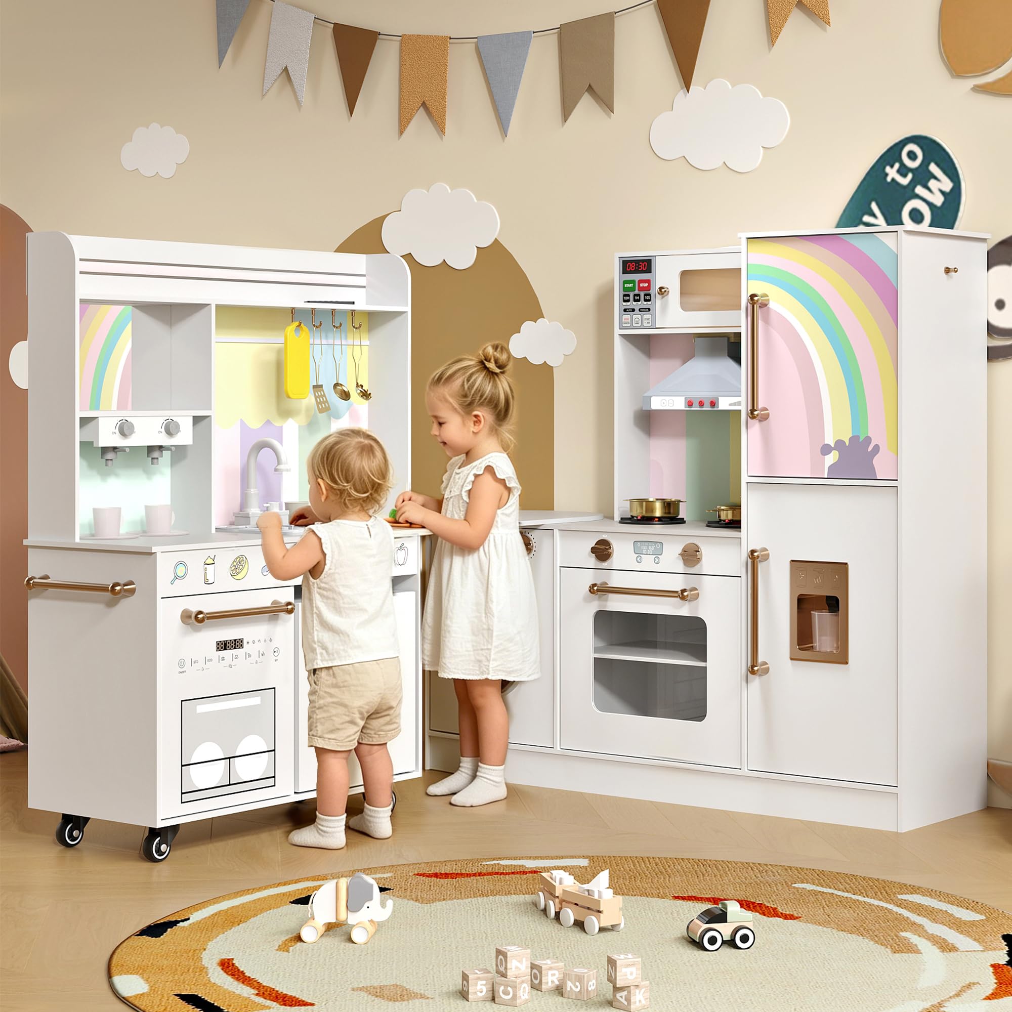 Kids Wooden Corner Play Kitchen Set