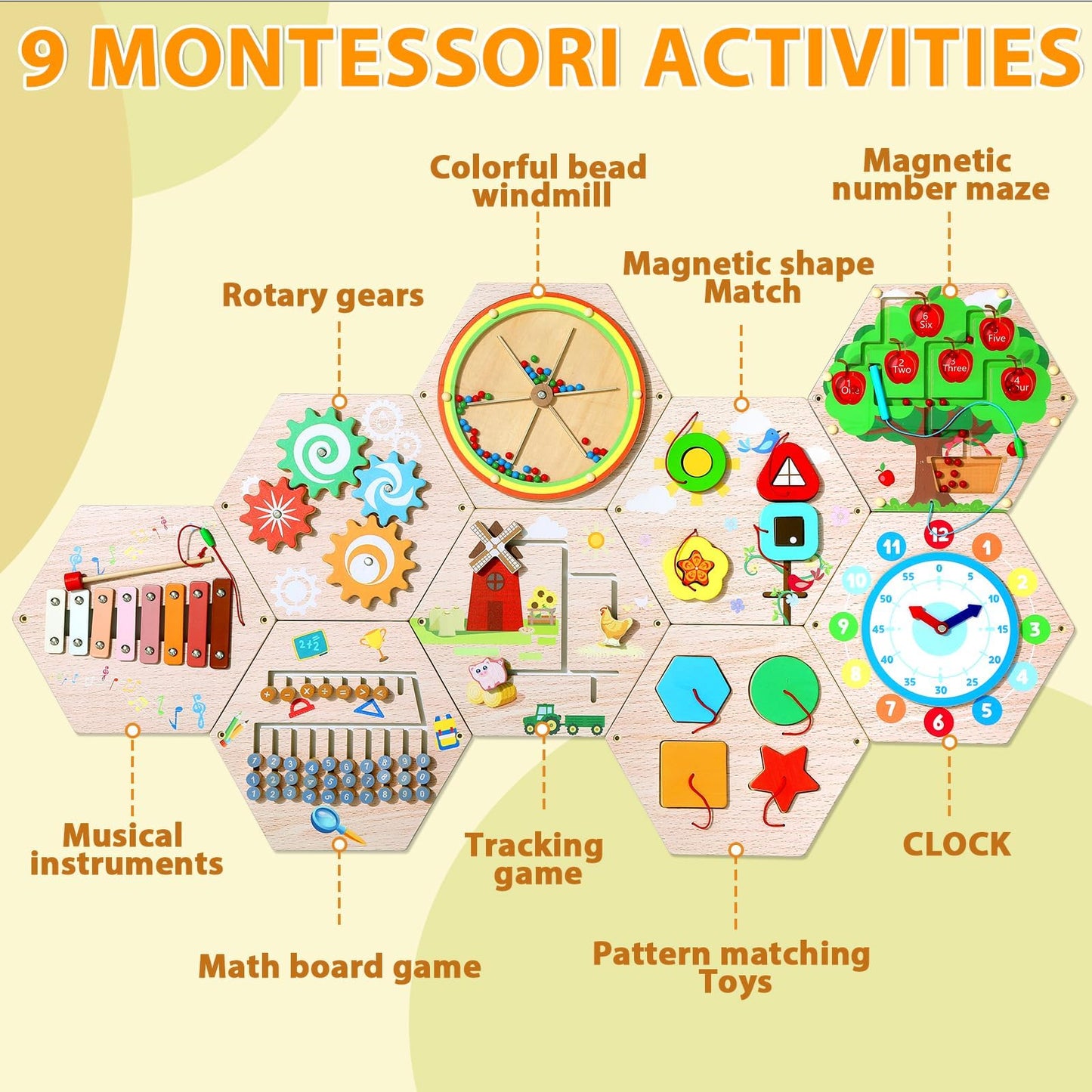 Hexagon Wooden Busy Board Wall Panels Kids Learning Set