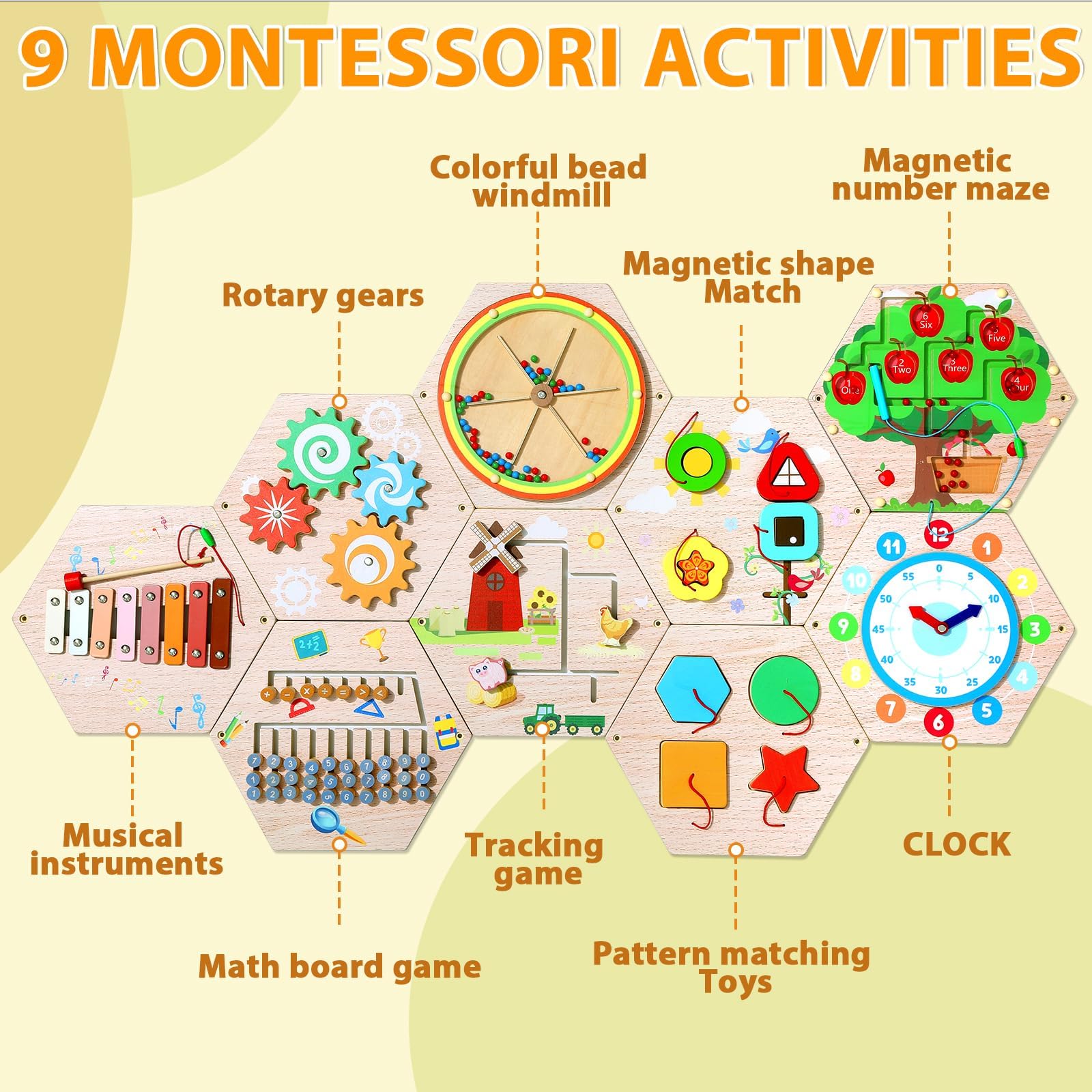 9Pcs Hexagon Activity Wall Busy Board Panels, Wooden Sensory Wall Panel for Kids, Montessori Learning Activity Center, Educational Toys for Toddler Playroom Daycare Nursery Classroom Birthday Gifts