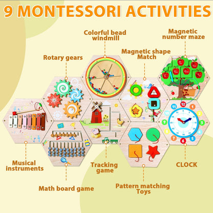 Hexagon Wooden Busy Board Wall Panels Kids Learning Set