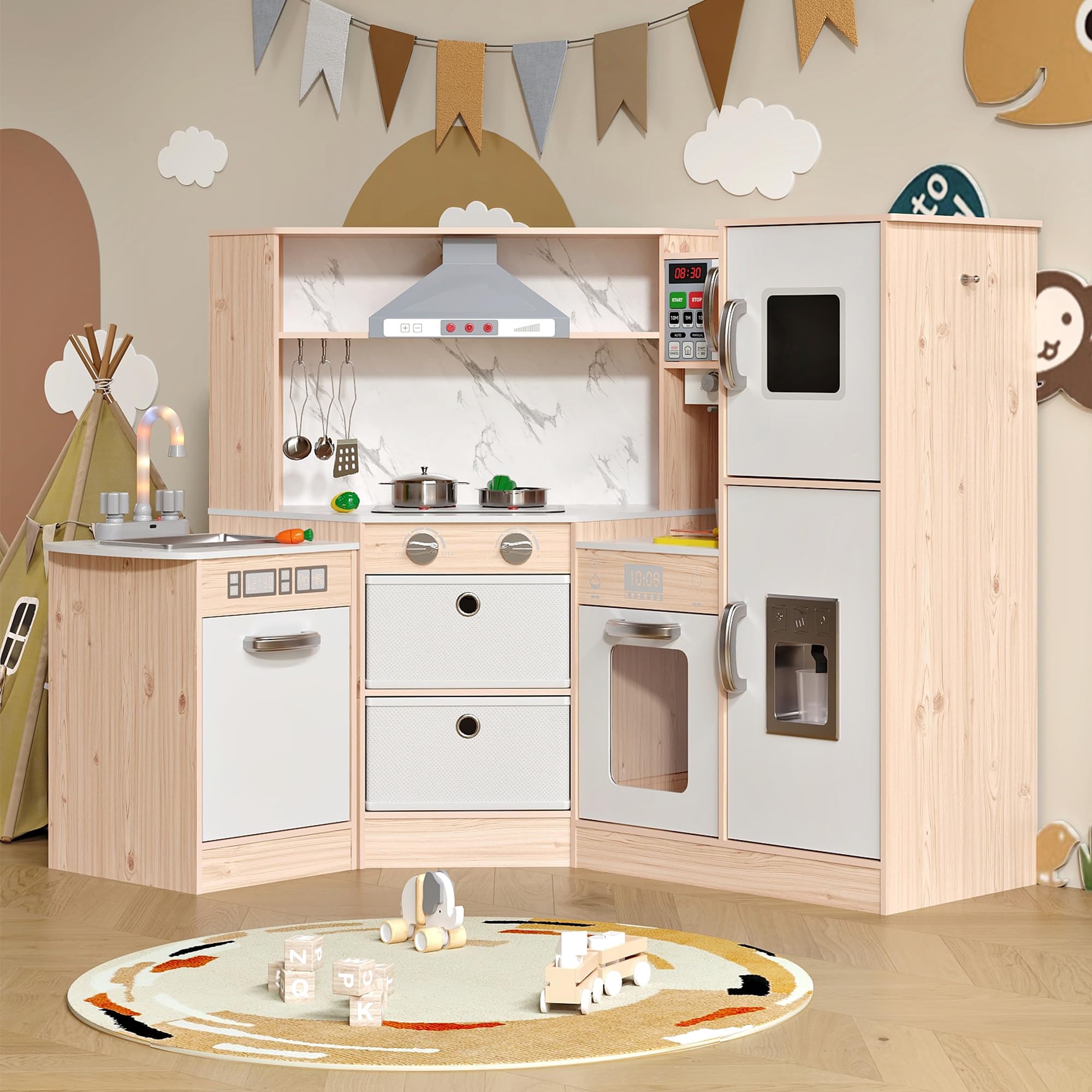 Kids Wooden Corner Play Kitchen Set