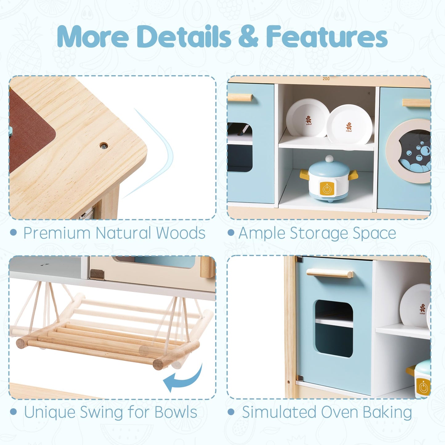 Wooden Kids Play Kitchen Pretend Toy Set