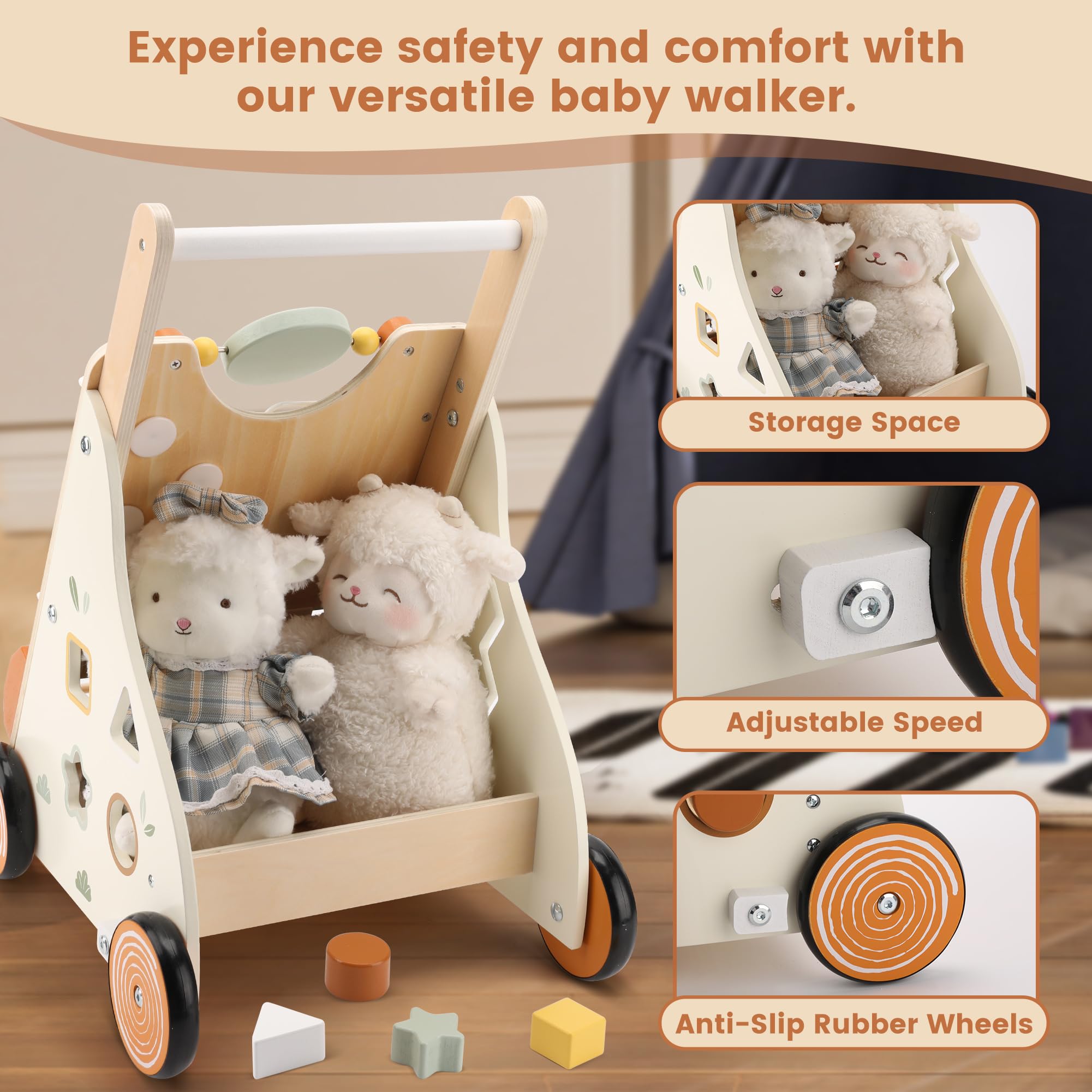 Pithfor Wooden Baby Push Walker