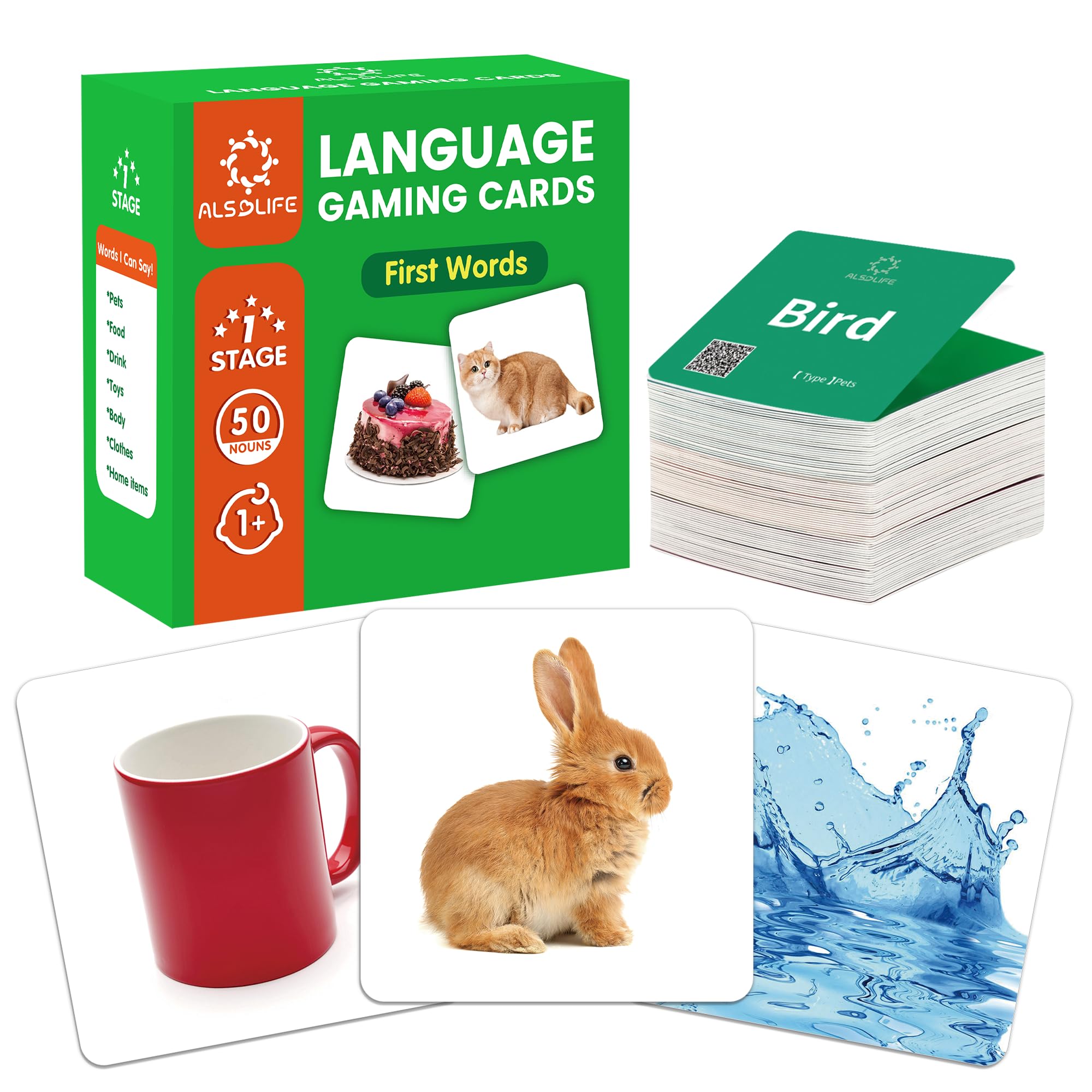 ALSOLIFE Noun Flash Cards for Toddlers, 50 First Words Photo Cards, Thick & Durable Speech Therapy Materials, Animal Cards Have Videos for Fun Learning, Autism Flash Cards Non Verbal Teaching Tool
