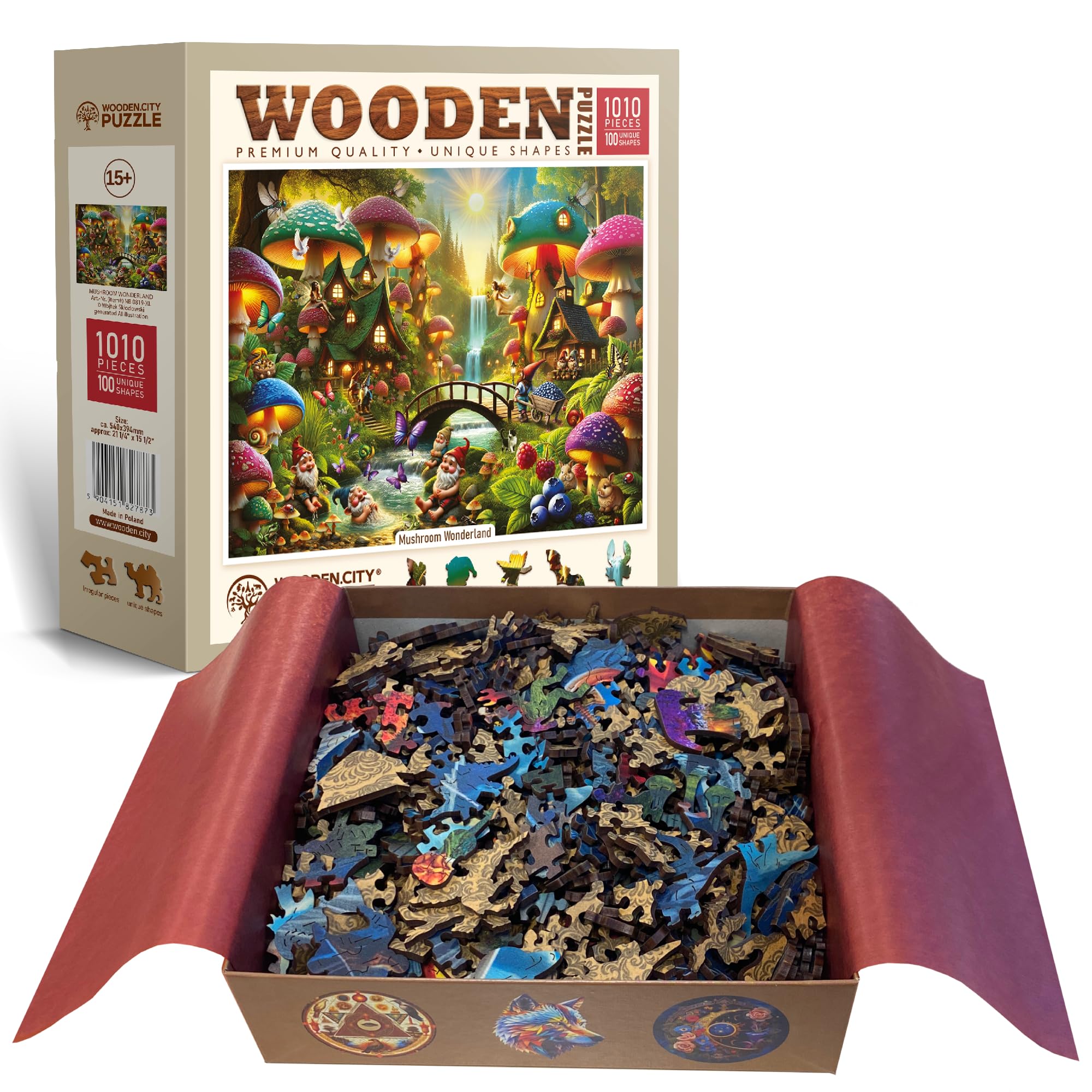 WOODEN.CITY Wooden Puzzle 1000 Pieces Mushroom Wonderland – Premium 1000 Piece Wood Puzzle for Adults with 100 Whimsy Shapes – Made & Designed in EU