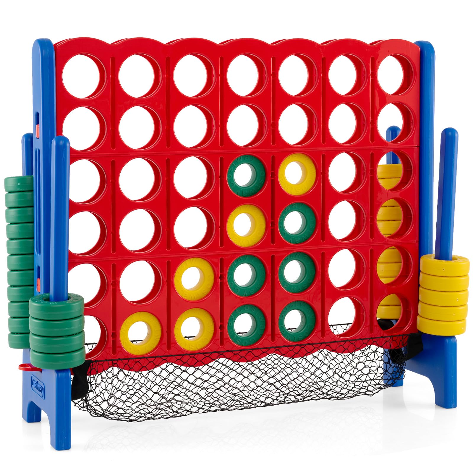 COSTWAY Giant 4 to Score Game Set, Jumbo Connect 4 Game Set with 42 Chess Pieces, Quick-release Levers & Mesh Pocket, Oversized 4-in-a-Row Backyard Game for Kids & Adults, Ideal for Indoors & Outdoors
