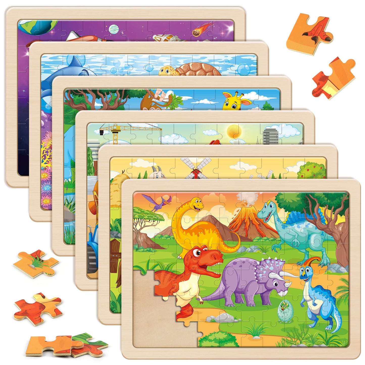 Wooden Jigsaw Puzzle Set 6 Pack Preschool Learning Toy