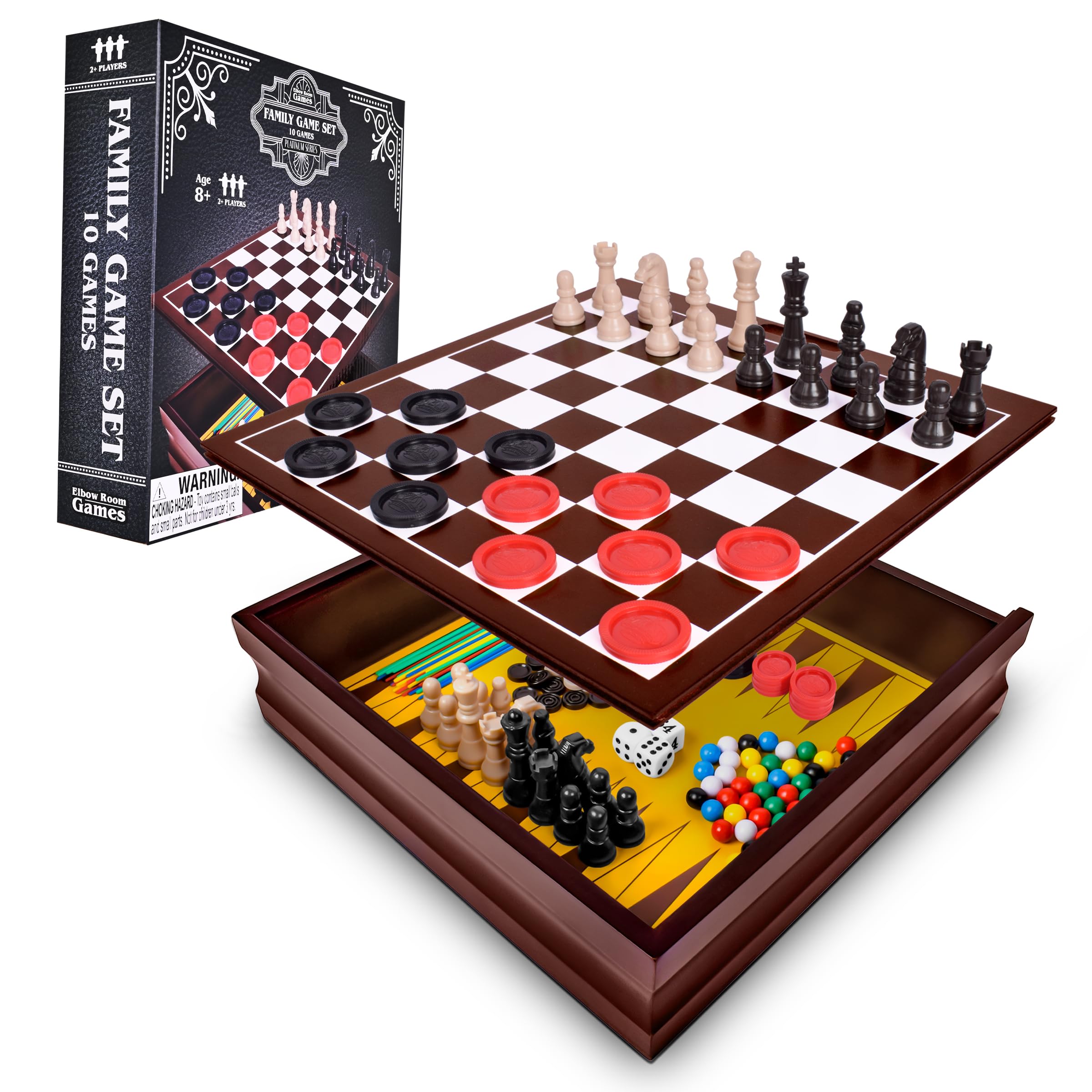 Elbow Room Games Family Game Set, 10 Classic Games with Wooden Storage Box and Built-in Game Boards, Endless Fun for Game Nights, Gatherings & Travel, 2+ Players