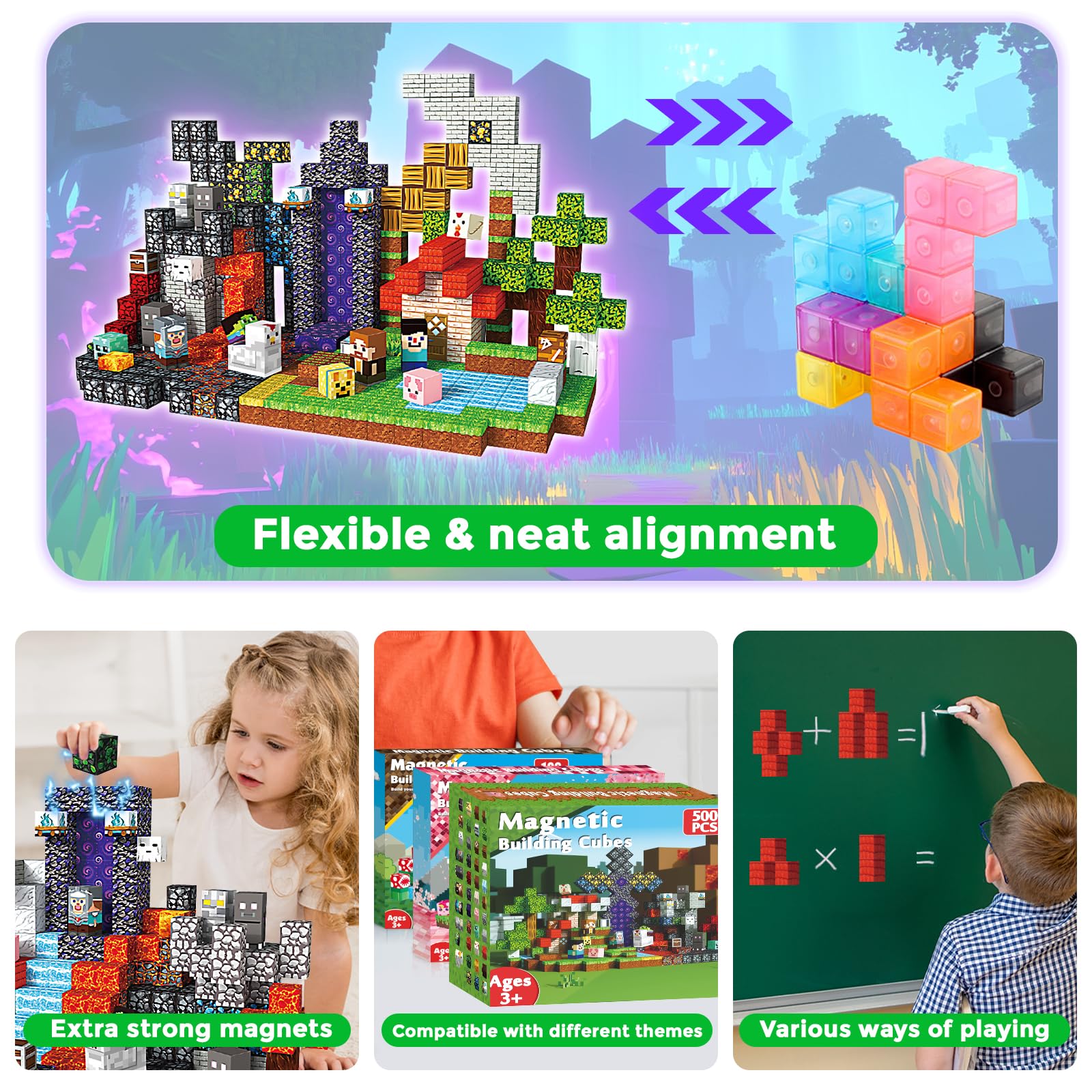 Magnetic Blocks - 500 PCS Magnetic Building Blocks Cubes, Magnet Toys for Kids Age 3+, Toy Building Set for Kids, Magnets Stacking Construction Easter Birthday Gifts for Boys Girls Age 4-8, 8-12