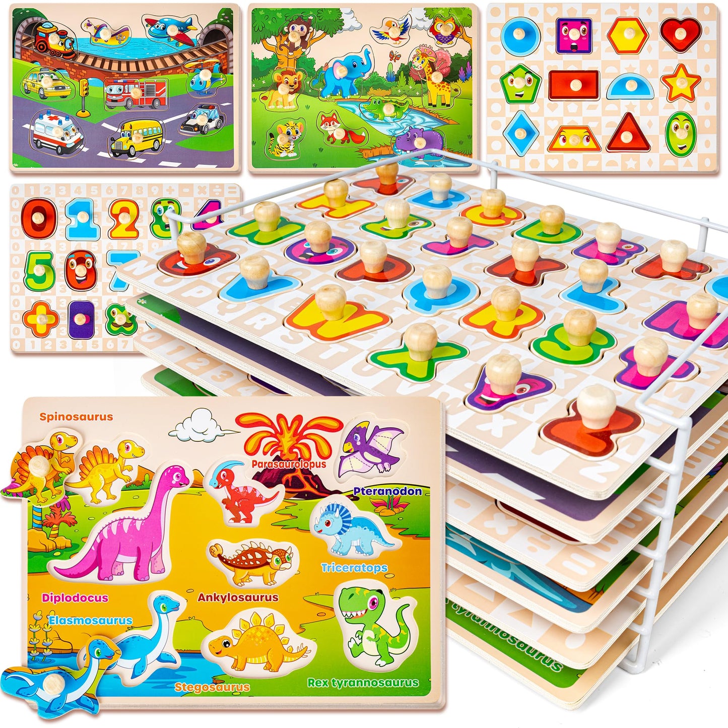 Wooden Toddler Puzzle Set Alphabet Animal Vehicle Toy