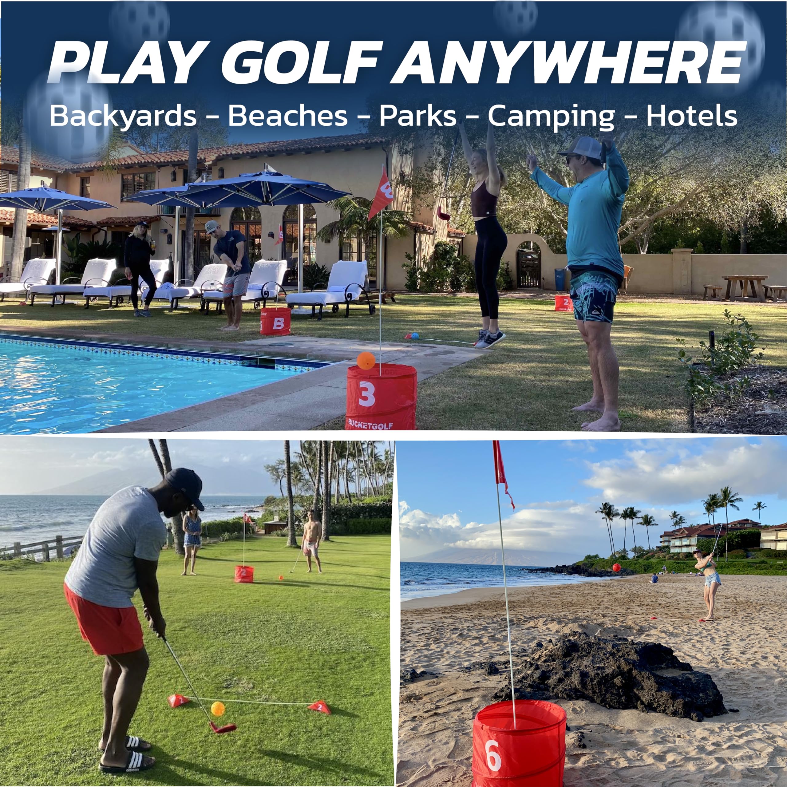 bucketgolf 9 Hole Bundle with Clubs - Outdoor Golf Game for All Ages: Adults, Kids, Family. Play Anywhere: Yards, Beach, Park, Backyard