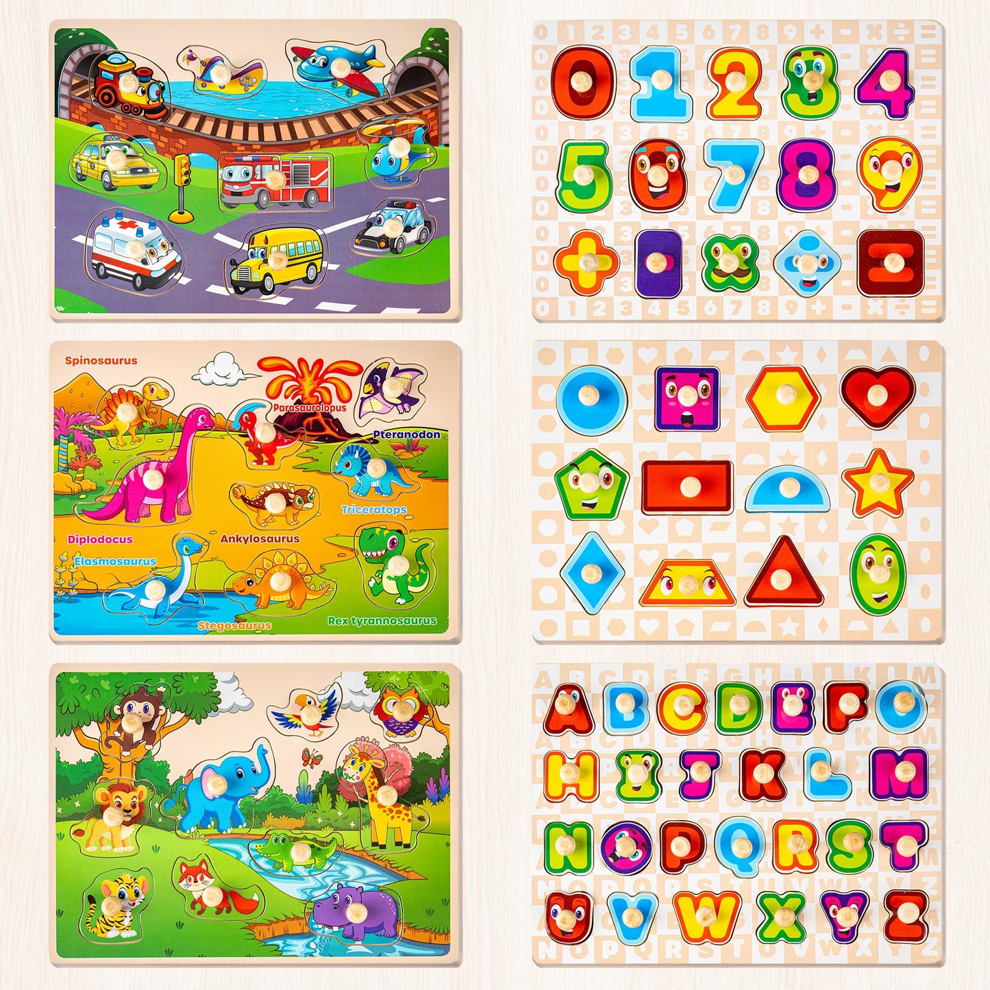 Wooden Toddler Puzzle Set Alphabet Animal Vehicle Toy
