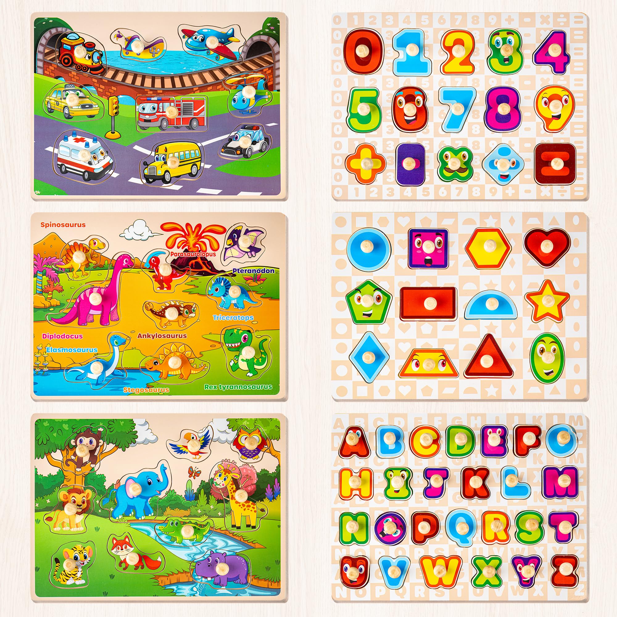 SYNARRY Wooden Puzzles for Toddlers 1-3, 6XSET Puzzles for Toddlers 2-4 with Rack, Learning Alphabet Number Animal Dinosaur Vehicle for Kids, Education Toys for 2 3 Years Boys Girls